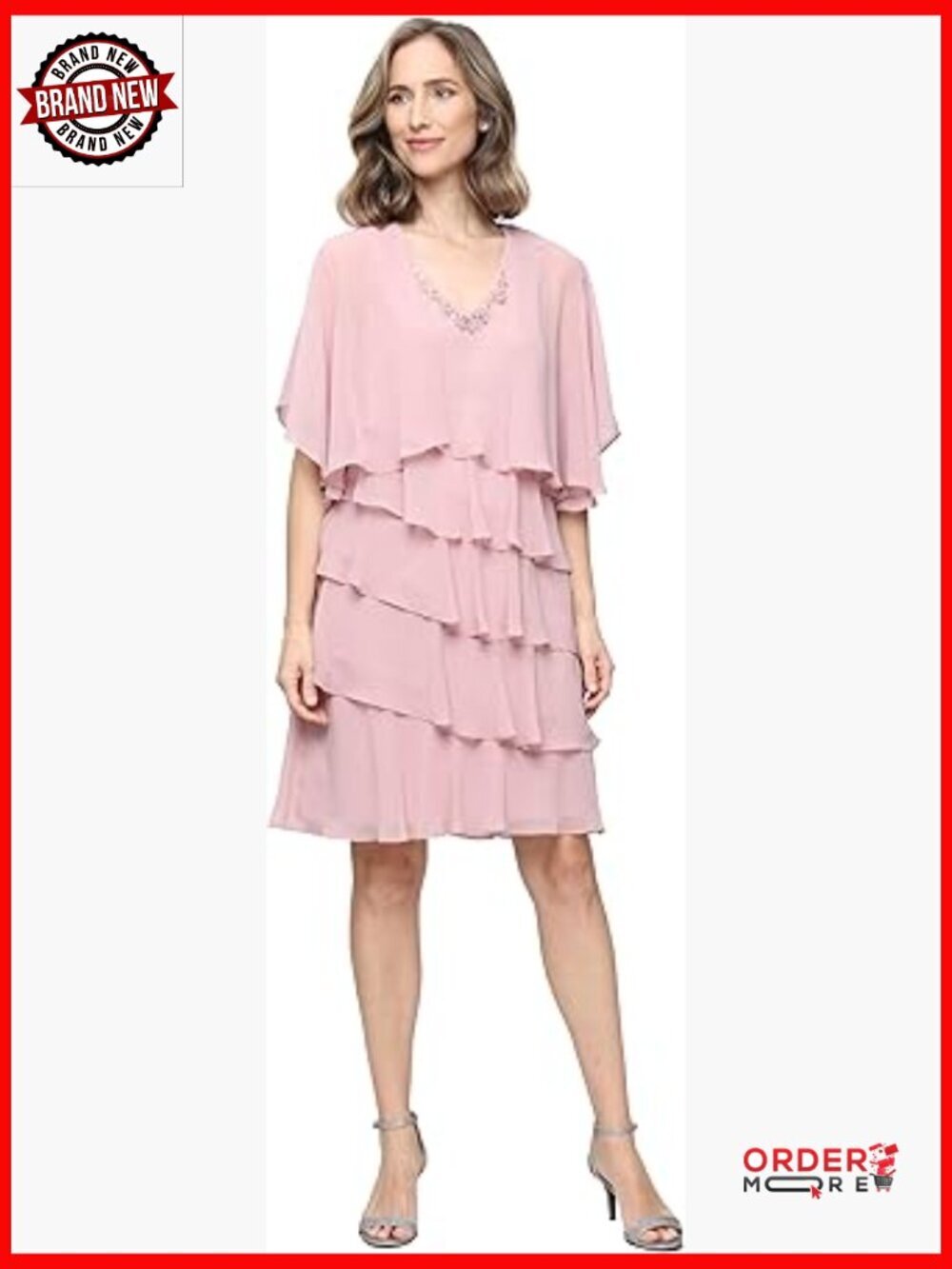 Chiffon Tiered Jacket Dress with Beaded Neckline Wedding Guest